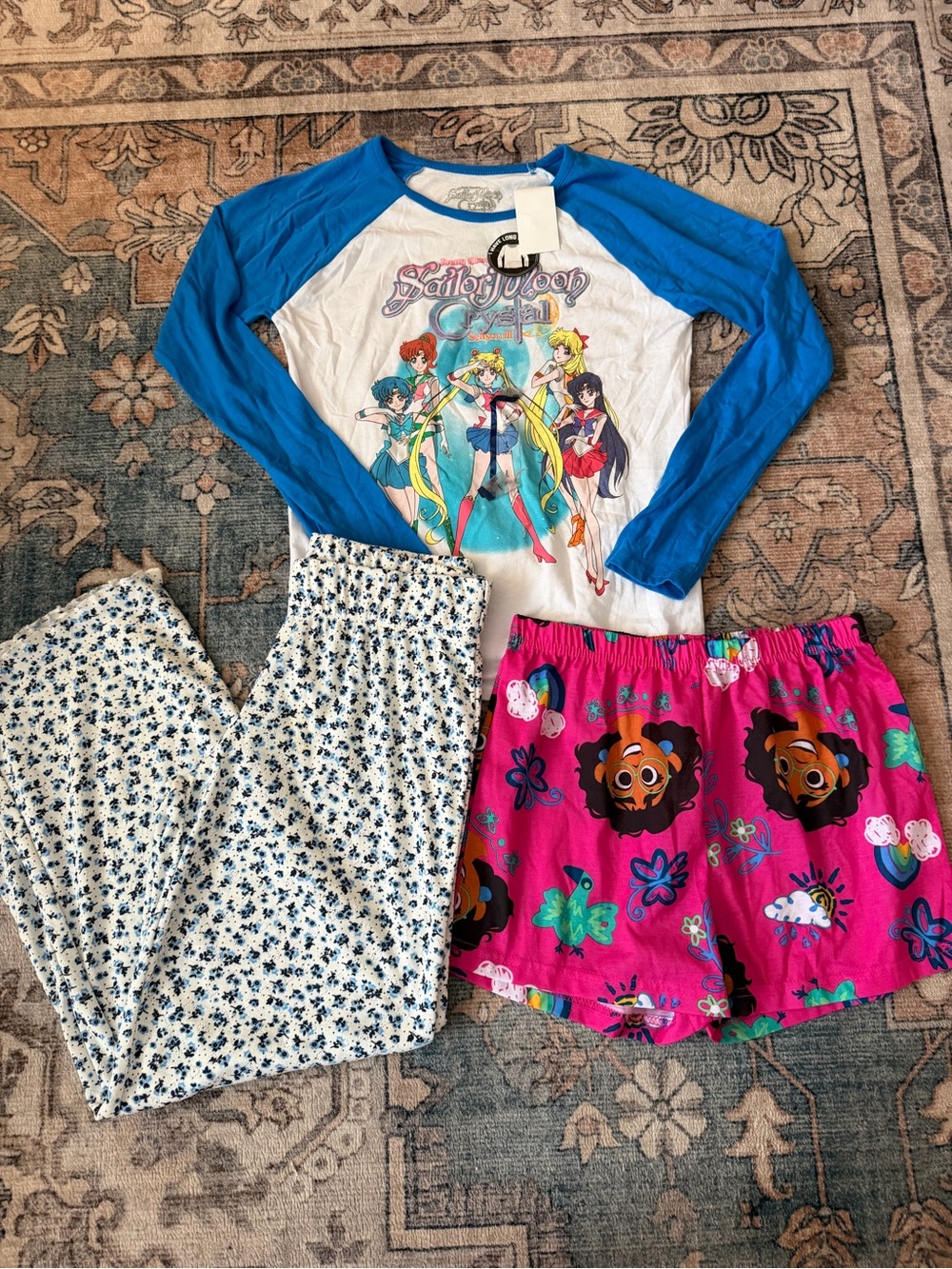 Sailor Moon Blue & White Long Sleeve tee & 2 pajama bottoms bundle